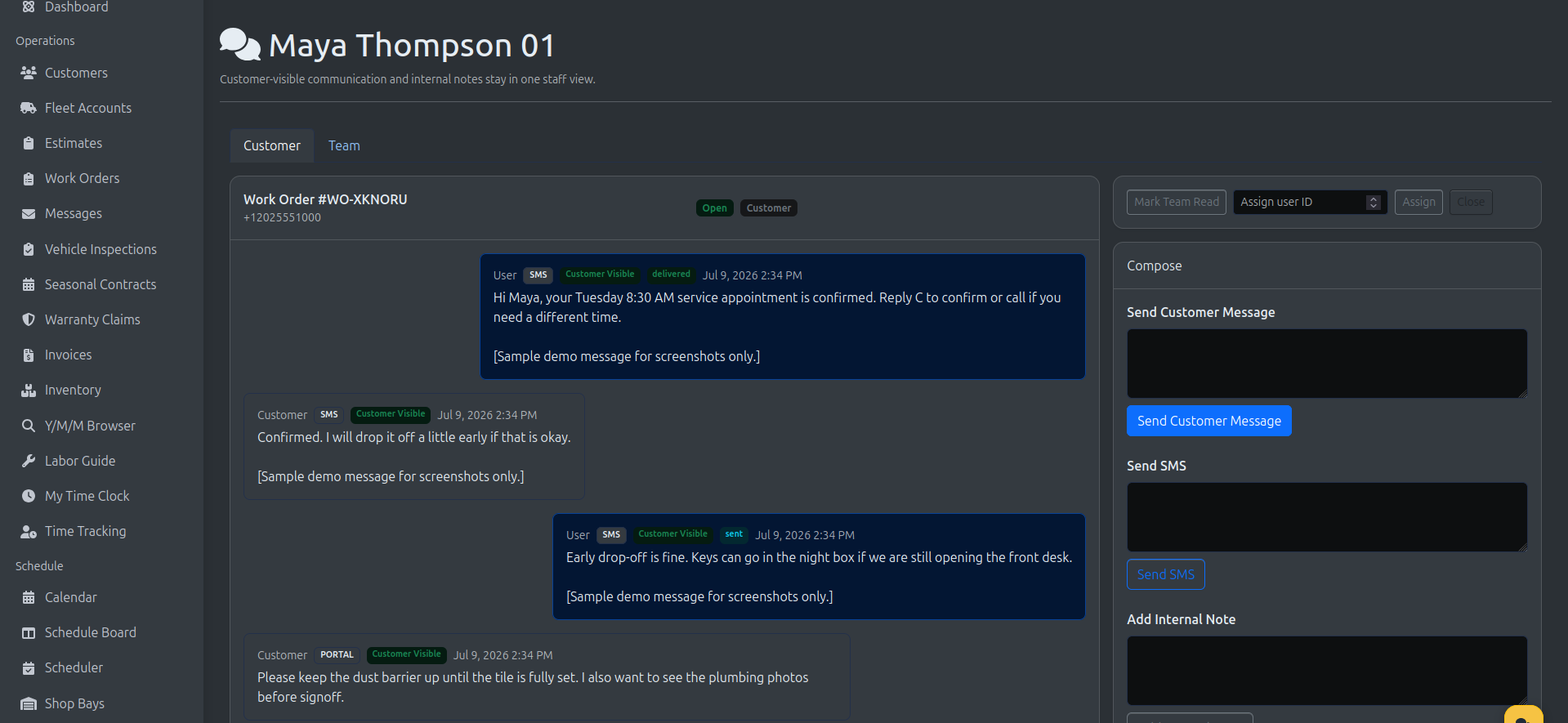 LedgerDo customer messaging drawer showing a service-related SMS conversation