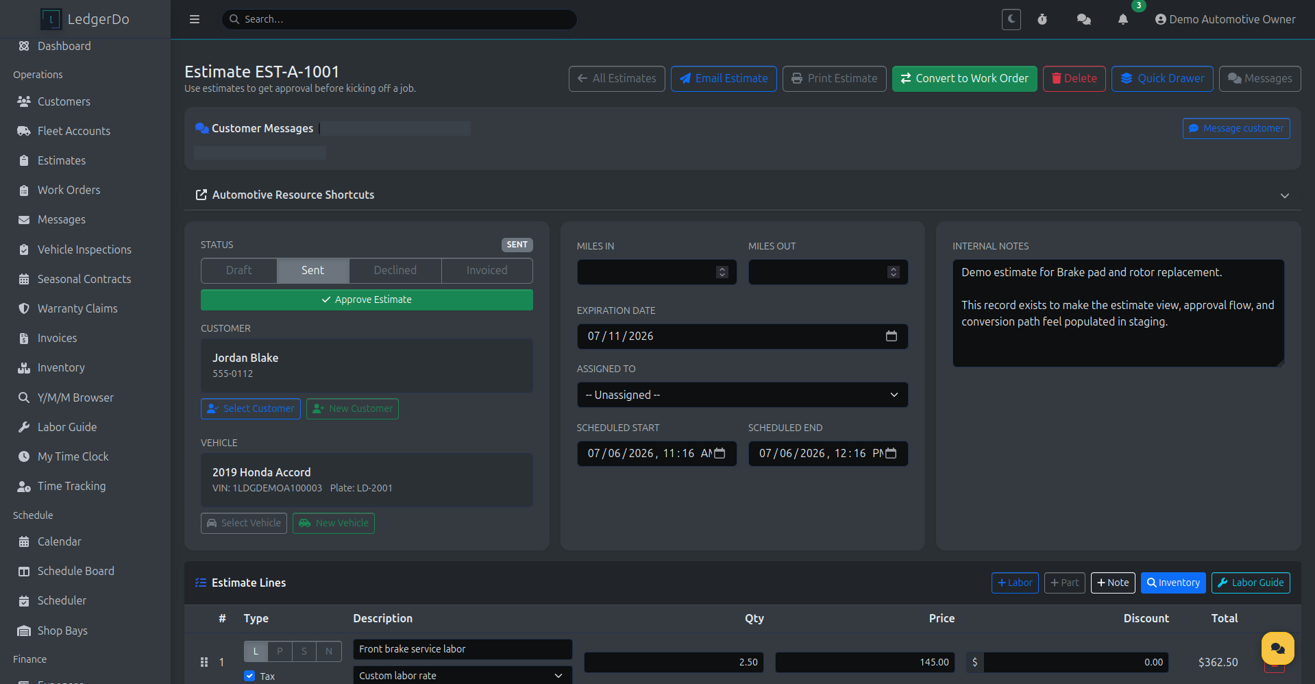 LedgerDo estimate detail showing approval status, customer and vehicle details, and a convert-to-work-order button