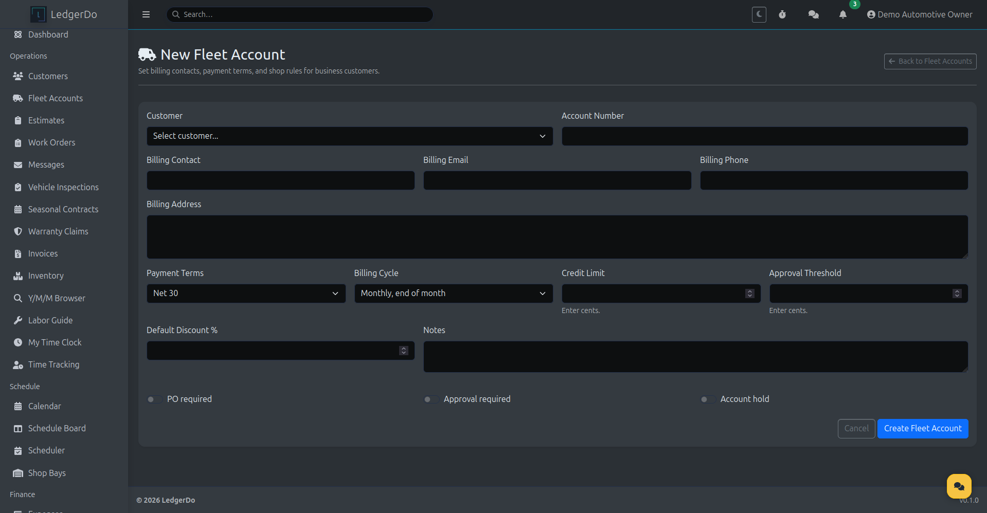 LedgerDo new fleet account form with billing contact, payment terms, PO requirement, and approval threshold fields
