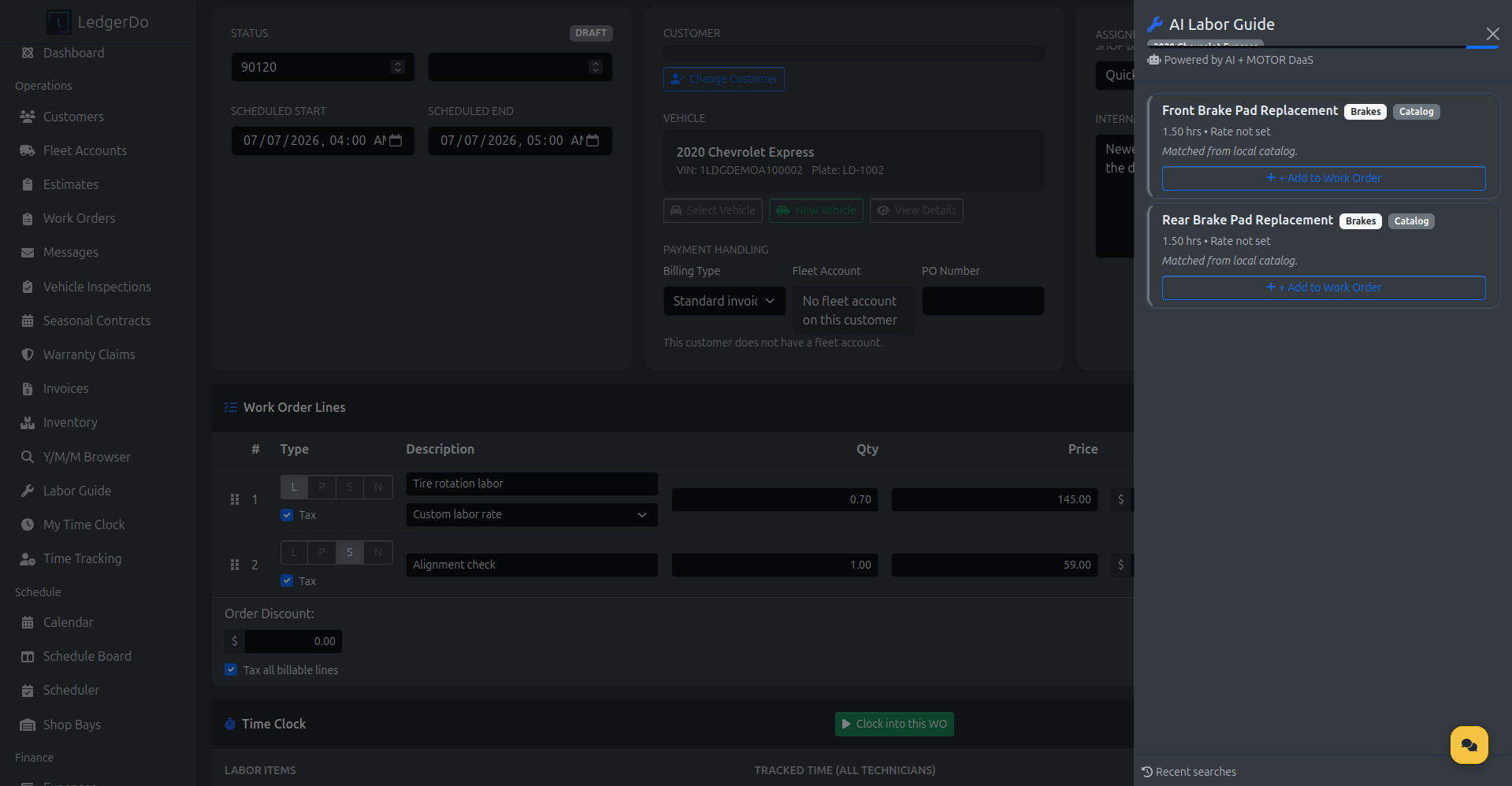 LedgerDo AI Labor Guide drawer showing matched labor operations that can be added to a work order